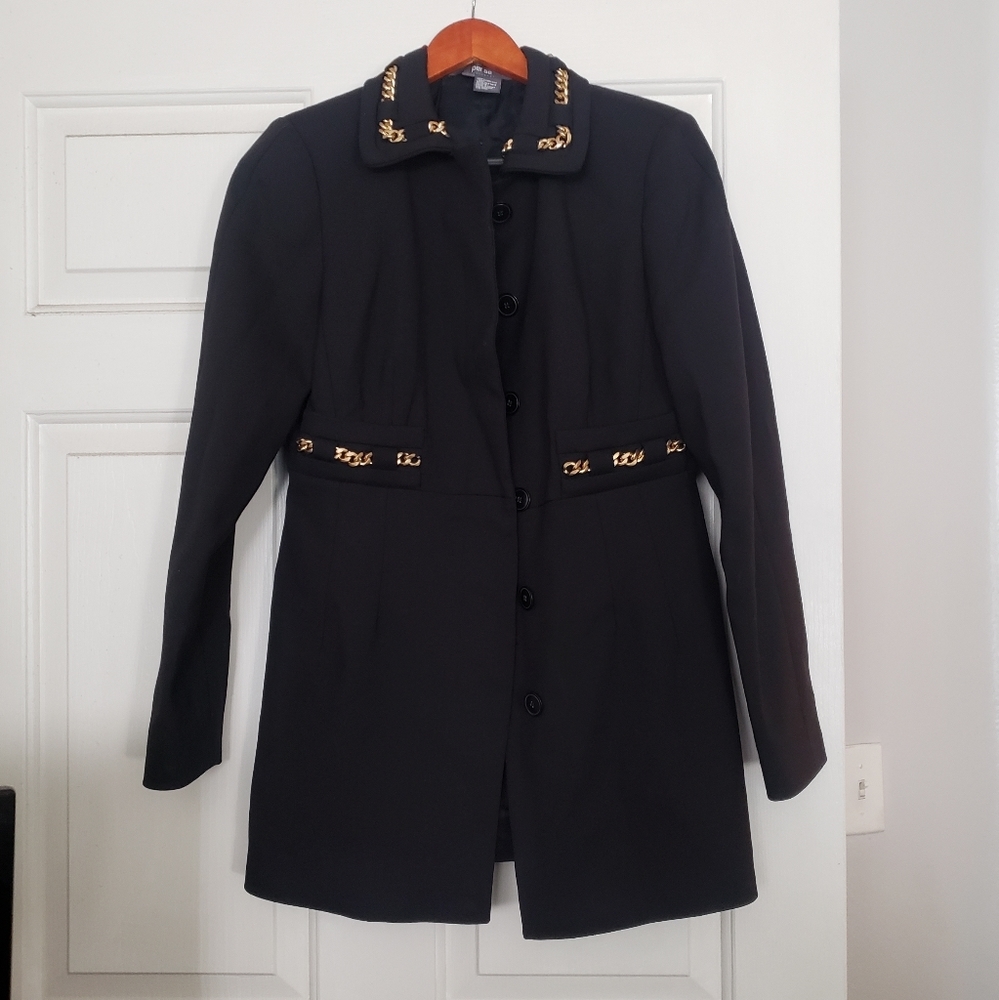 Black Per Se Wool and Elastane Blazer with Gold Chain Detail. EUC